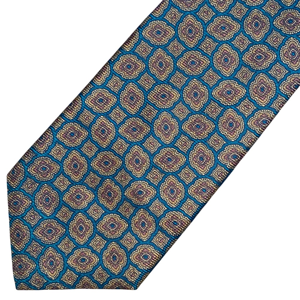 Kuppenheimer Premier Edition 36 oz Silk Tie Teal Gold Medallion Geometric USA